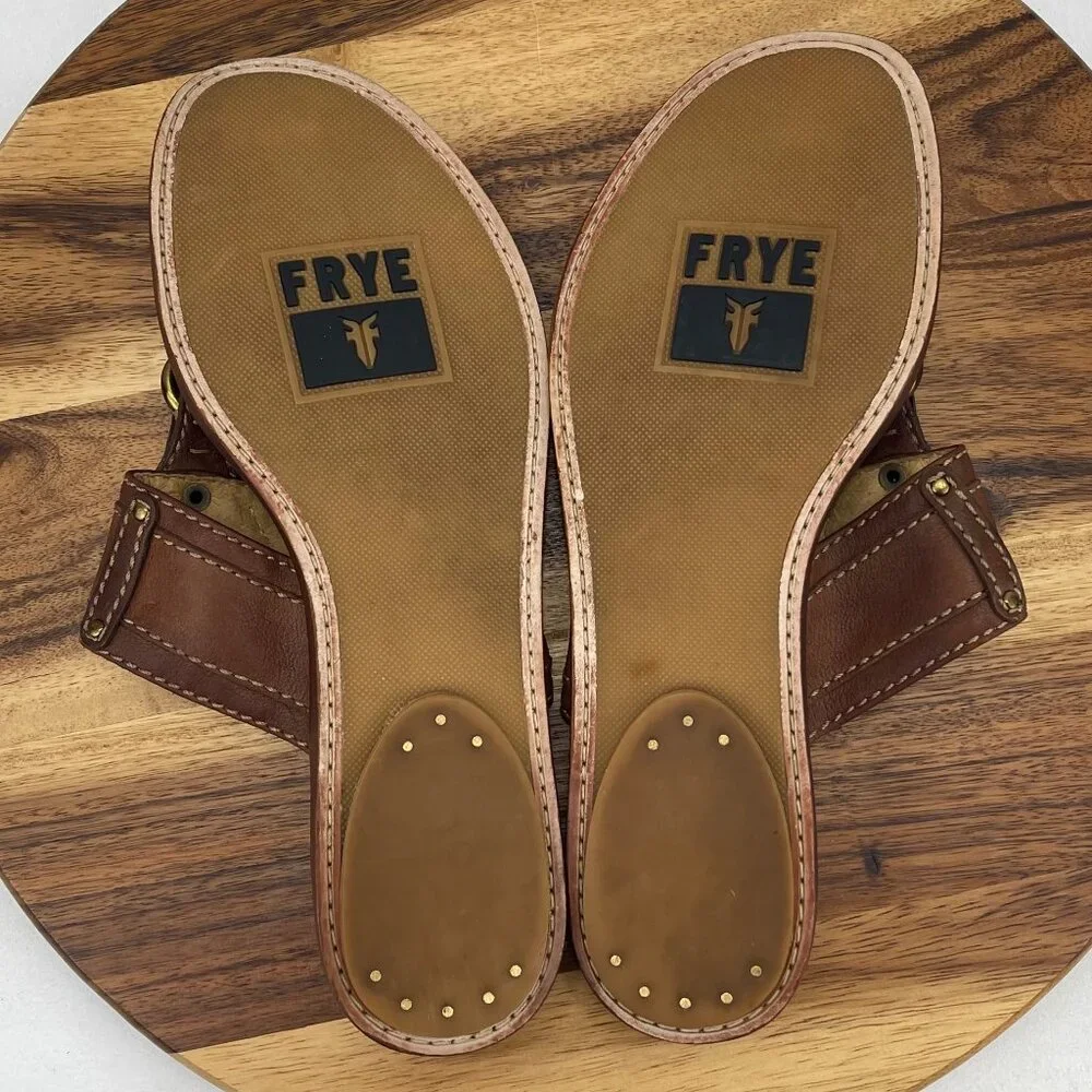 Frye Brown Leather Thong Sandals with Gold Hardware